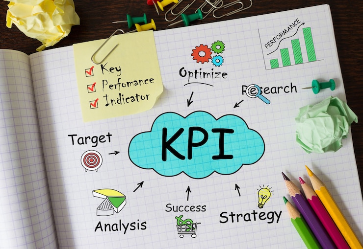 Foto cuaderno con herramientas y notas sobre kpi, concepto