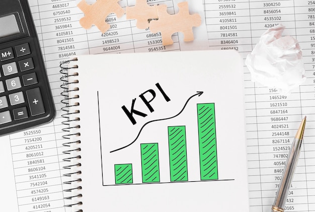 Cuaderno con herramientas y notas sobre KPI.