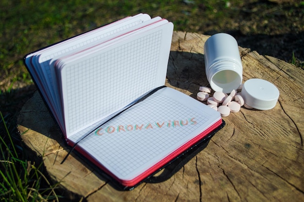 Cuaderno con la inscripción CORONAVIRUS con pastillas blancas en muñón Foto conceptual sobre el tema Coronavirus y Covid19