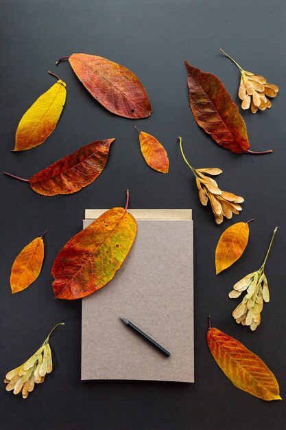 Cuaderno y lápiz con hojas de otoño sobre un escritorio negro