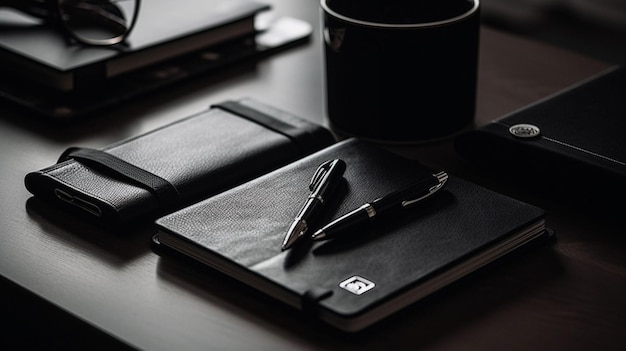 Un cuaderno negro con un bolígrafo se sienta en un escritorio con una taza negra y un bolígrafo.