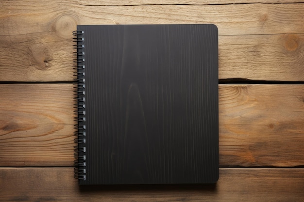 Cuaderno negro sobre escritorio de madera Organizador perfecto para negocios y educación con agenda diaria