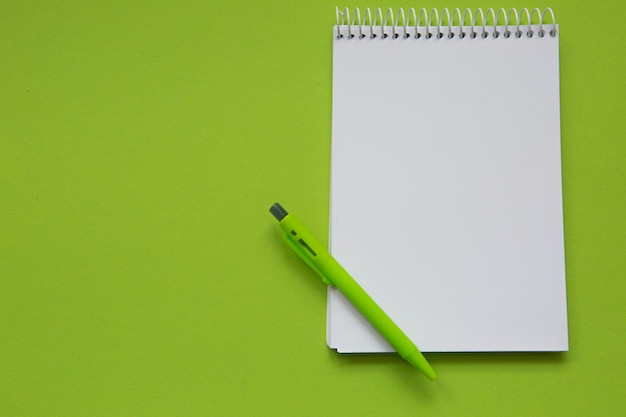 Cuaderno con una página en blanco sobre un fondo verde pistacho y un bolígrafo verde al lado