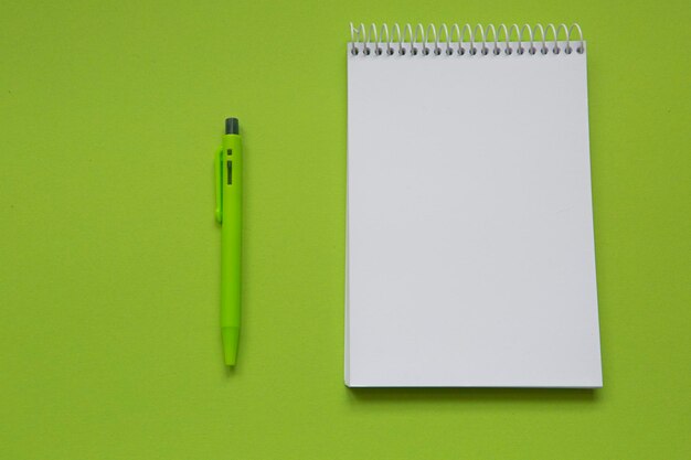 Cuaderno con una página en blanco sobre un fondo verde pistacho y un bolígrafo verde al lado