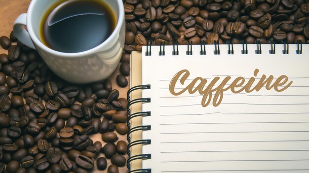 Un cuaderno con la palabra café junto a una taza de café.