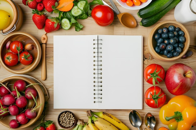 Cuaderno con la palabra dieta y diferentes verduras en la mesa de madera vista superior