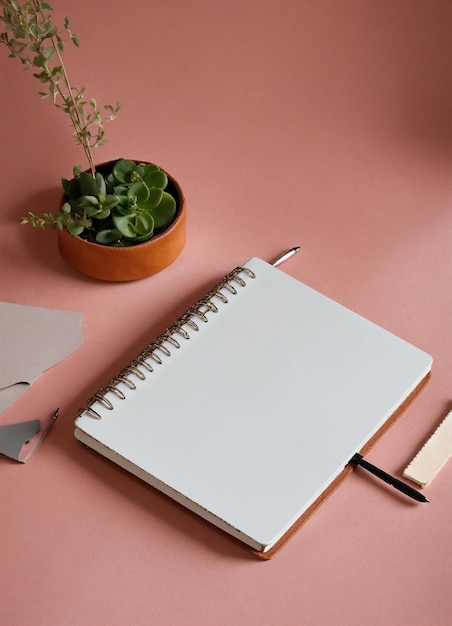 un cuaderno con una planta en él se sienta al lado de una planta y un bolígrafo
