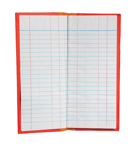 Cuaderno con rayas aislado sobre fondo blanco.