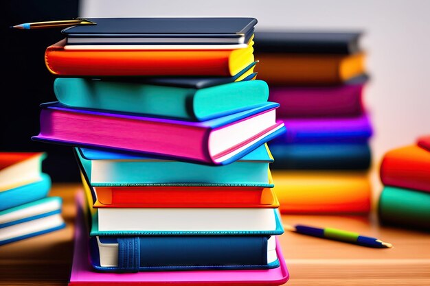 Cuaderno de regreso a la escuela sobre una pila de libros coloridos Espacio de copia plano