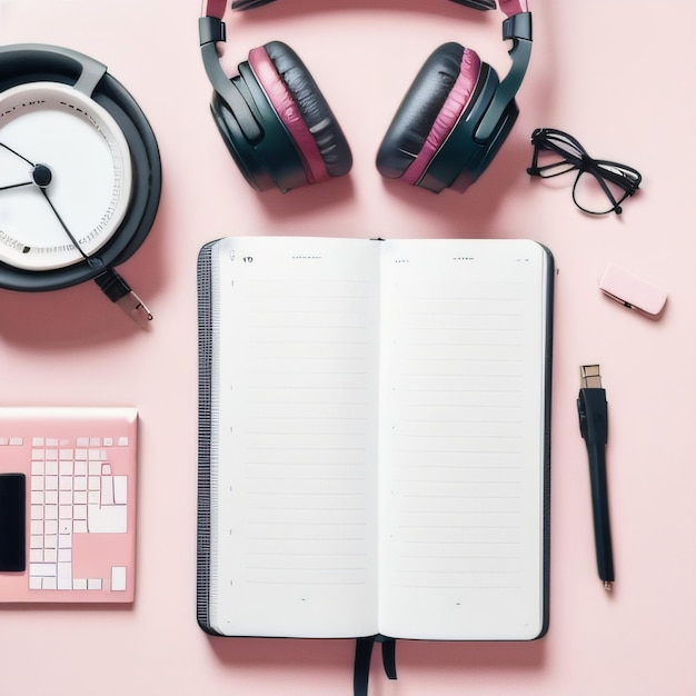 Un cuaderno rosa con auriculares y un reloj sobre un fondo rosa.