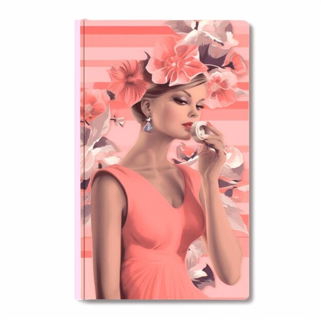 Un cuaderno rosa con una mujer con un vestido rosa y flores.