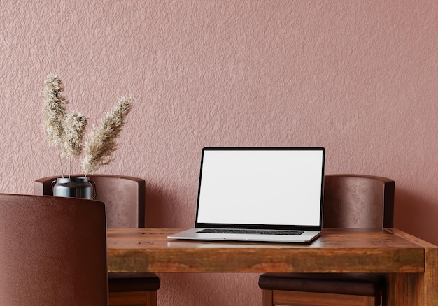 Cuaderno simulado con decoraciones modernas puestas sobre la mesa en la sala de estar o en la oficina con renderizado 3D de espacio de copia de pared verde