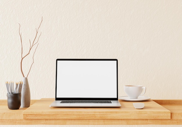 Cuaderno simulado con decoraciones modernas puestas sobre la mesa en la sala de estar o en la oficina con renderizado 3D de espacio de copia de pared verde