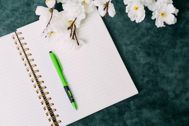 Cuaderno vacío, lápiz y flores blancas. planificador diario de mujeres, planificación