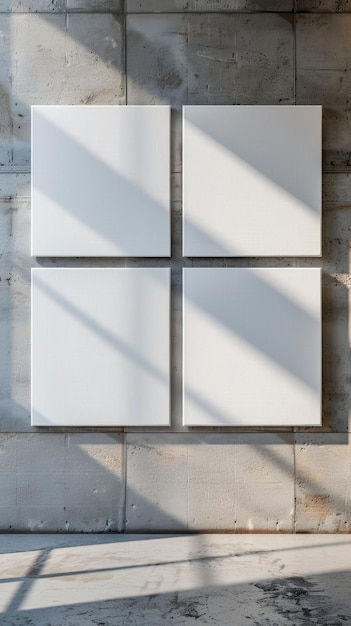 un cuadrado blanco cuadrado está en una pared de hormigón con sombras y sombras