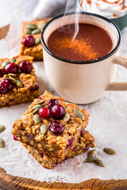 Cuadrados de avena al horno con semillas de arándano y calabaza con cacao picante y caliente