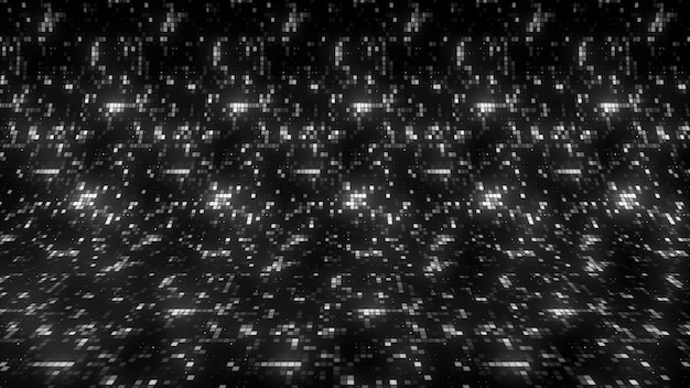 Cuadrados brillantes y relucientes en el movimiento de fondo moderno, muchos cuadrados de píxeles brillan en el mosaico espacial