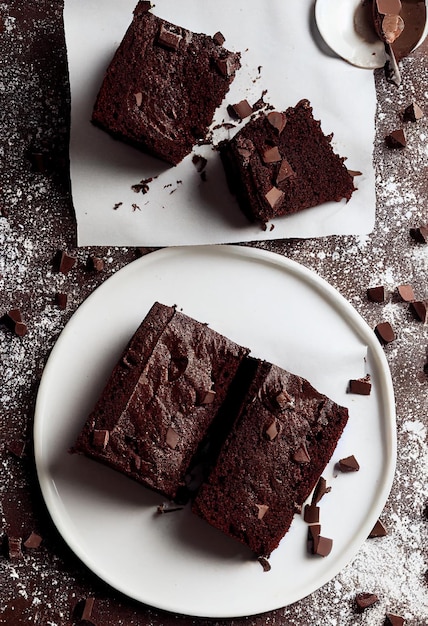 Cuadrados de brownie de chocolate alimentos dulces planos