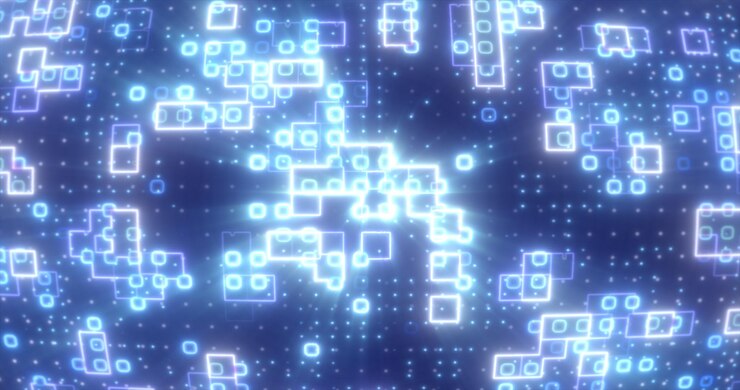 Foto cuadrados de energía azul abstracto fondo de alta tecnología futurista de partículas digitales brillantes