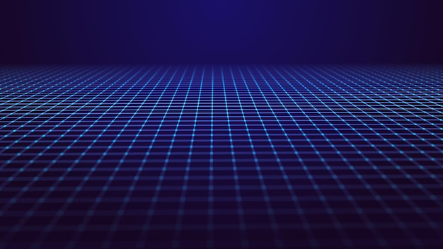 Foto cuadrícula azul de perspectiva sobre un fondo oscuro ilustración futurista de una conexión de red fondo de datos grandes al estilo de la representación 3d de los años 80