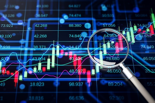 Cuadrícula de gráfico forex colorido creativo con lupa en papel tapiz negro Análisis de stock de gráfico comercial sobre fondo de mercado de dinero de negocios financieros Representación 3D