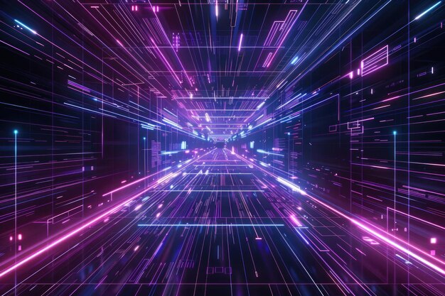 Foto una cuadrícula de líneas púrpuras y azules de neón forma un fondo futurista con temas cibernéticos