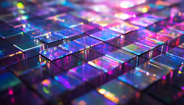 una cuadrícula de luces de neón con un patrón de cuadrados de diferentes colores