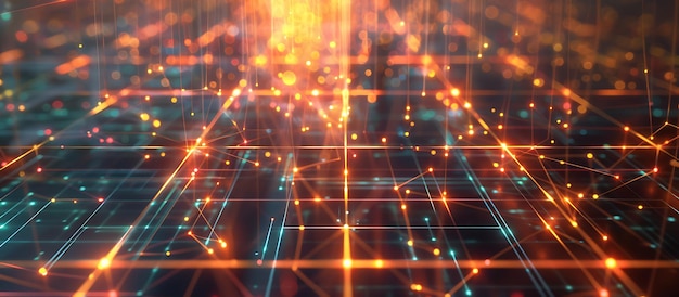 Una cuadrícula matricial de líneas y nodos brillantes que forman un laberinto digital que ilustra la encriptación de datos