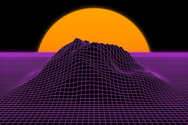 Cuadrícula de montaña 3D con puesta de sol