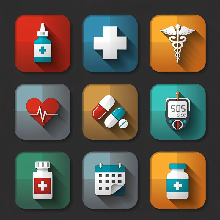 Una cuadrícula de nueve iconos con temas de atención médica con fondos coloridos