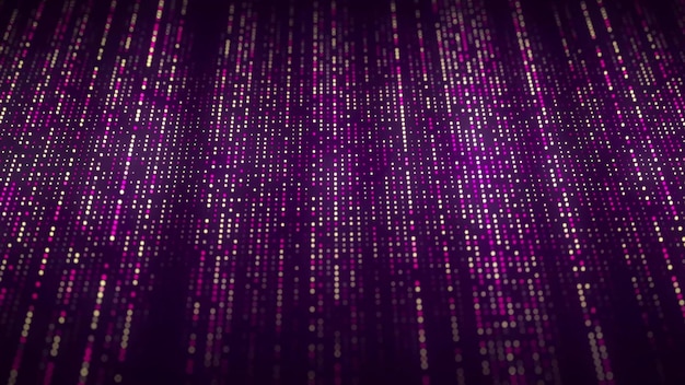 Cuadrícula parpadeante de perspectiva sobre fondo púrpura Flujo de puntos de brillo en el ciberespacio digital Estructura de conexión de red Fondo de tecnología cibernética Representación 3D