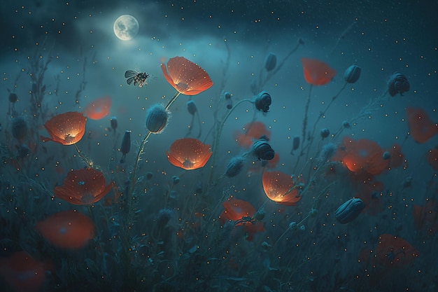 Un cuadro de amapolas con la luna de fondo