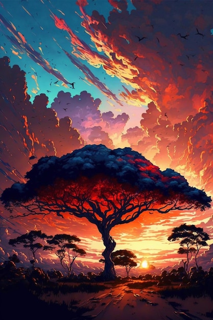 Cuadro de un árbol con un atardecer de fondo ai generativo