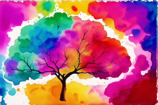 Un cuadro de árbol de colores con un fondo de arcoíris.