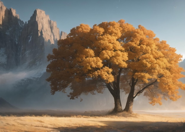 Un cuadro de un árbol con una montaña al fondo.