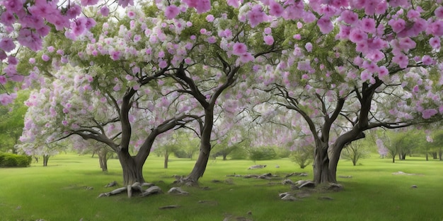Un cuadro de árboles con flores rosas en el medio.