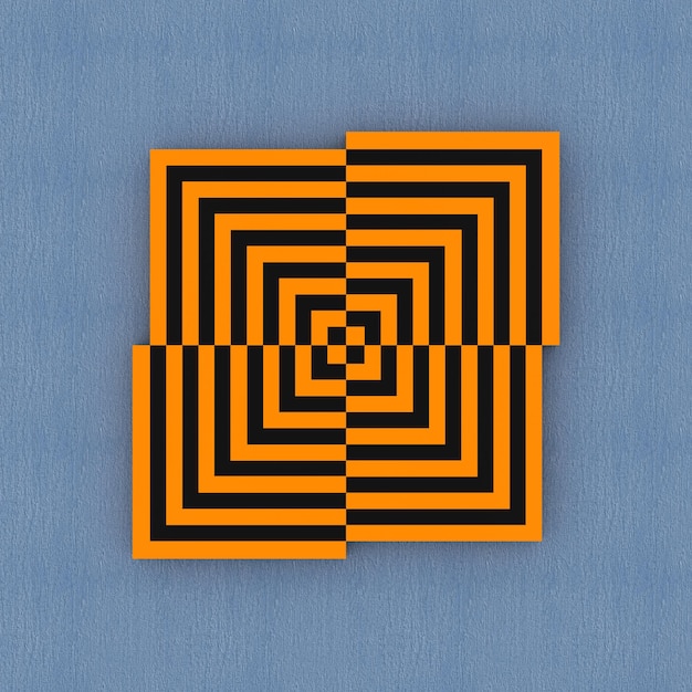 Cuadro de arte de laberinto abstracto naranja sobre un fondo de pared azul. Representación 3D