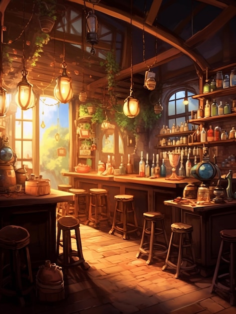 Un cuadro de un bar con una planta colgando del techo.