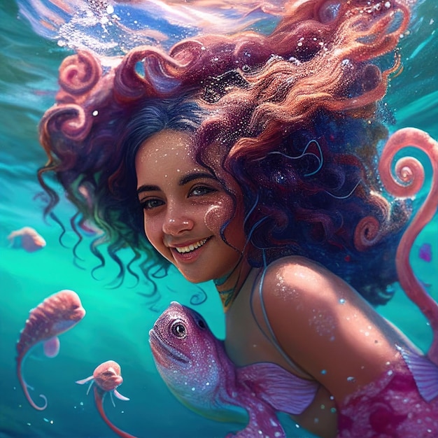 Cuadro de una bella sirena en el agua con peces