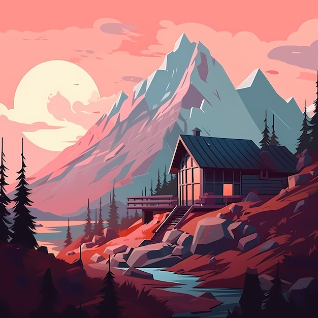 Un cuadro de una cabaña en una montaña con la luna llena de fondo.