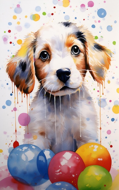 cuadro de un cachorro con globos y un chorrito de pintura ai generativo