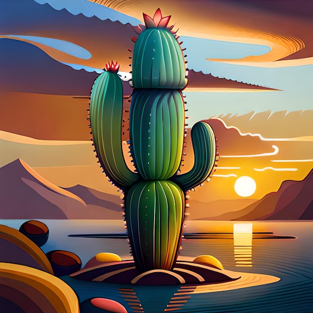 Cuadro de un cactus en medio del agua con el sol poniente de fondo