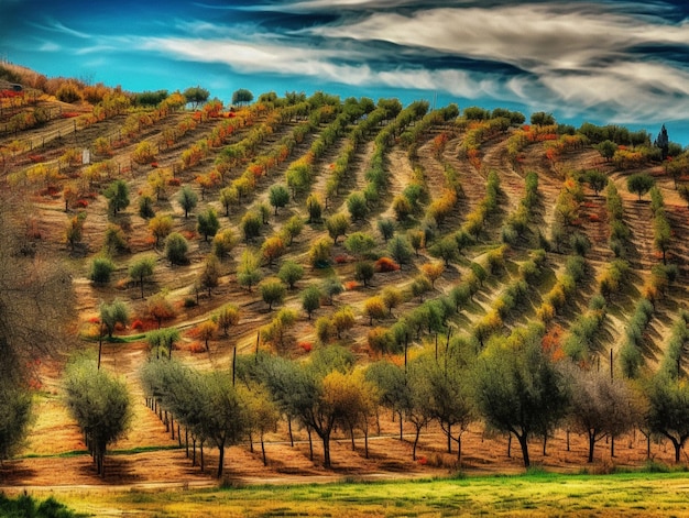 Un cuadro de un campo con árboles y una casa al fondo.