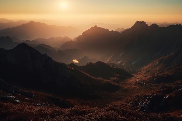 Un cuadro de un cañón con un atardecer de fondo