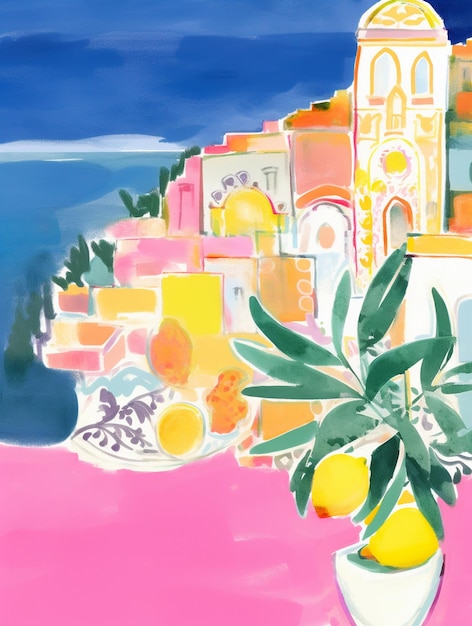 un cuadro de una casa con una palmera y una flor rosa.