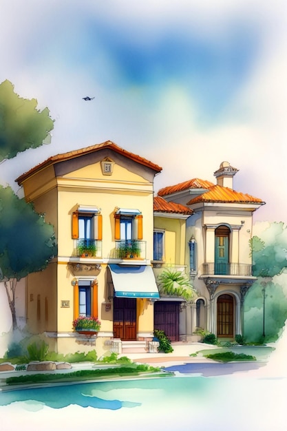 Un cuadro de una casa con un toldo azul que dice villa