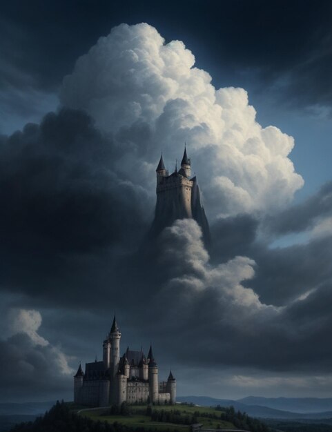 Un cuadro de un castillo con una nube y oscuridad en el cielo.