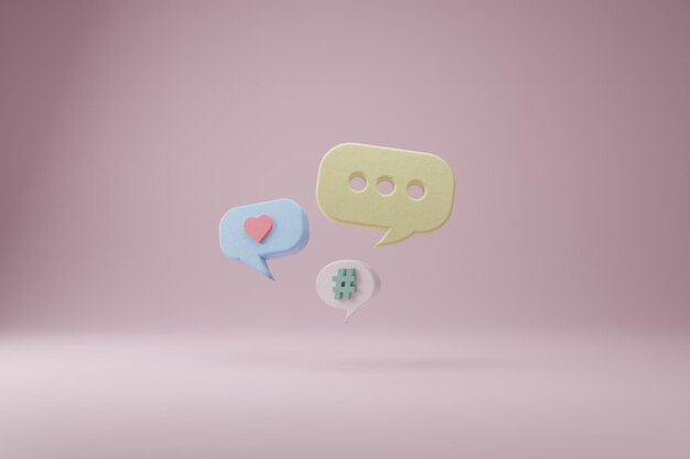 Cuadro de chat 3d con icono de corazón emergente en el fondo de la habitación Diseño de ilustración de representación gráfica