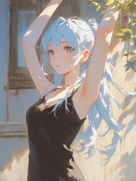 Un cuadro de una chica de anime con cabello azul y un vestido negro una chica sin mangas que levanta los brazos