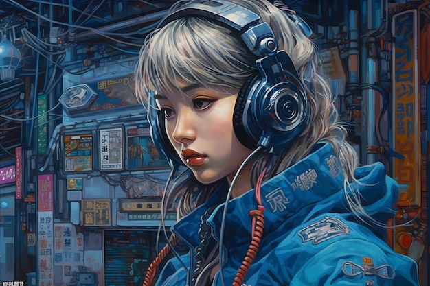 Un cuadro de una chica con auriculares y escuchando música.